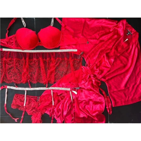 Victoria's Secret 36DDD BRA SET+garter Skirt+M,L Panty+ROBE RED lace SHINE STRAP